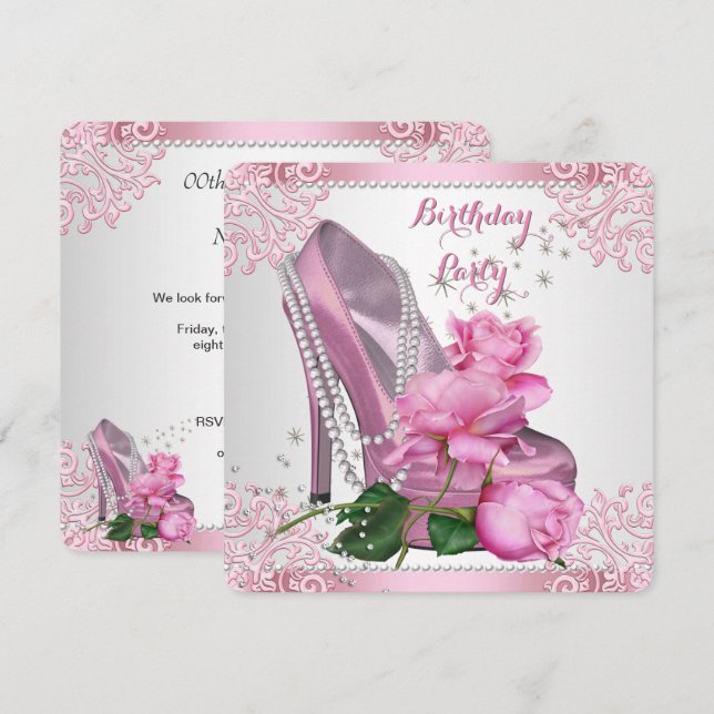 Invitation Chaussures à talons hauts Rose rose Dentelle Perle (Devant / Derrière)