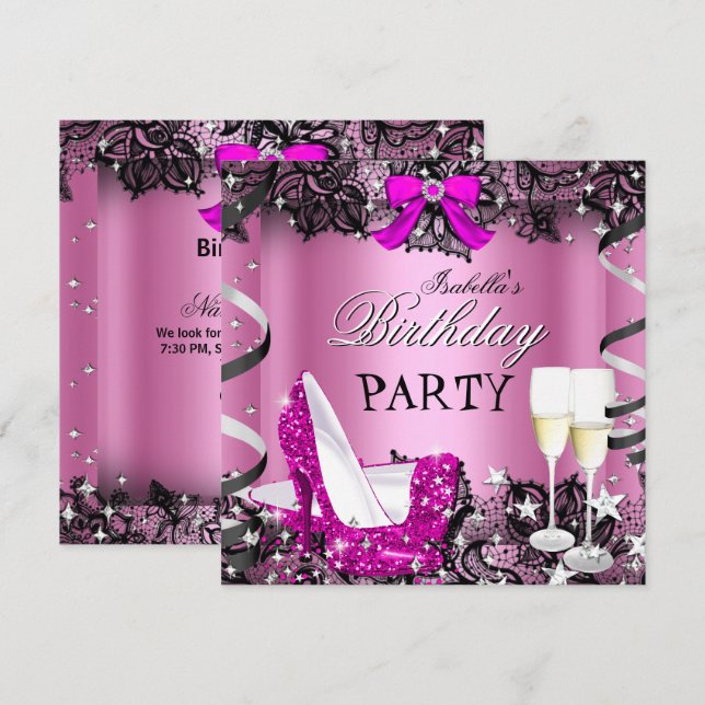 Invitation Chaussures à talons hauts roses Champagne Fête d'a (Devant / Derrière)
