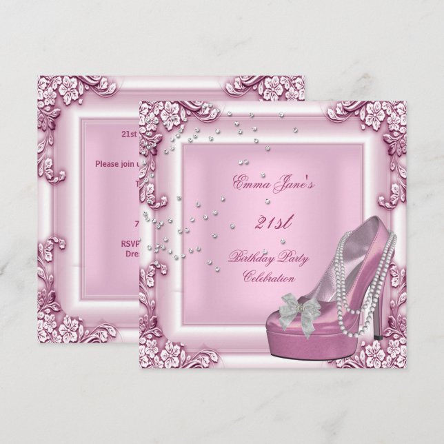 Invitation Chaussures à talons hauts roses pour fête d'annive (Devant / Derrière)