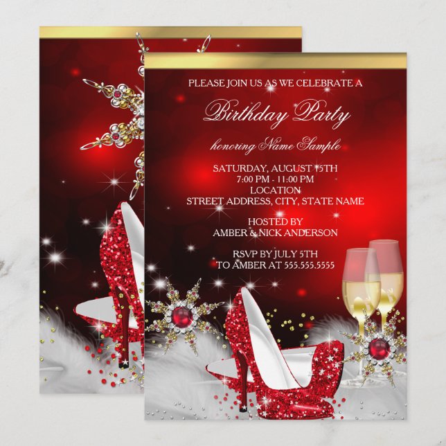 Invitation Chaussures à talons hauts rouges pailletées argent (Devant / Derrière)