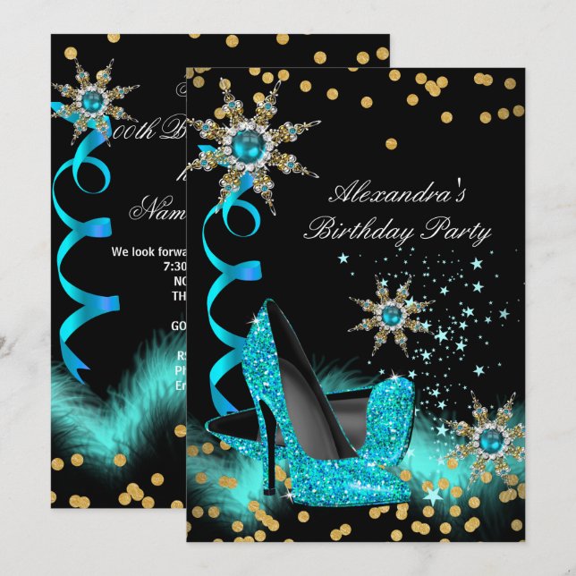 Invitation Chaussures à talons hauts sarcelle pailletées bleu (Devant / Derrière)