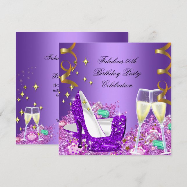 Invitation Chaussures à talons hauts scintillantes violettes  (Devant / Derrière)