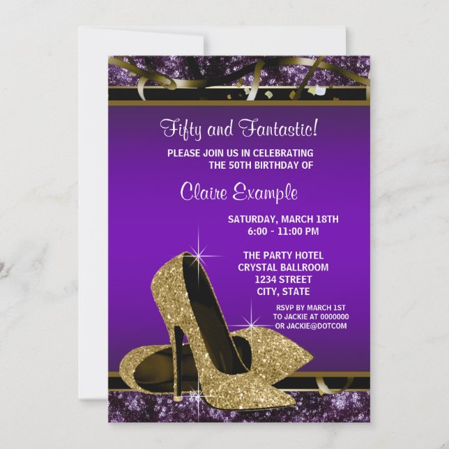 Invitation Chaussures à talons hauts violettes et dorées pour (Devant)