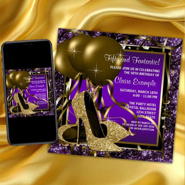 Invitation Chaussures à talons hauts violettes et dorées pour (Womans purple gold high heel shoe birthday party invitation. Purple and gold any number birthday.)