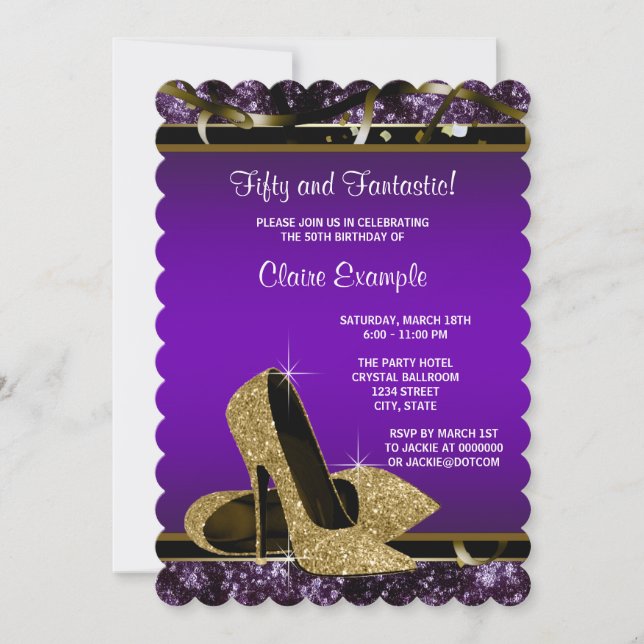 Invitation Chaussures à talons hauts violettes et dorées pour (Devant)