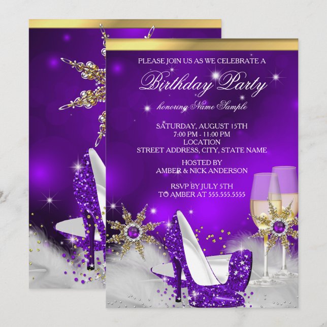Invitation Chaussures à talons hauts violettes pailletées or  (Devant / Derrière)