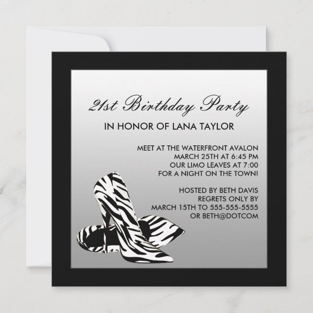 Invitation Chaussures à talons hauts Zebra pour 21e anniversa (Devant)