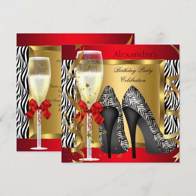 Invitation Chaussures à talons hauts Zèbre Champagne Annivers (Devant / Derrière)