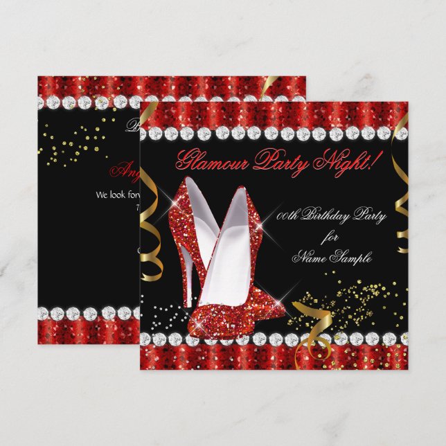 Invitation Chaussures à talons rouges dorés pour soirée glamo (Devant / Derrière)