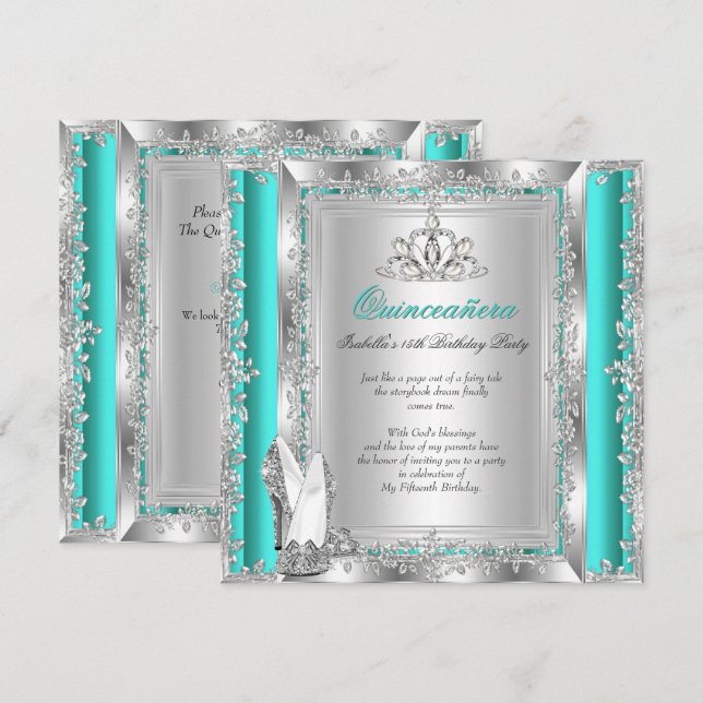 Invitation Chaussures argent vert jade pour les 15 ans de Qui (Devant / Derrière)