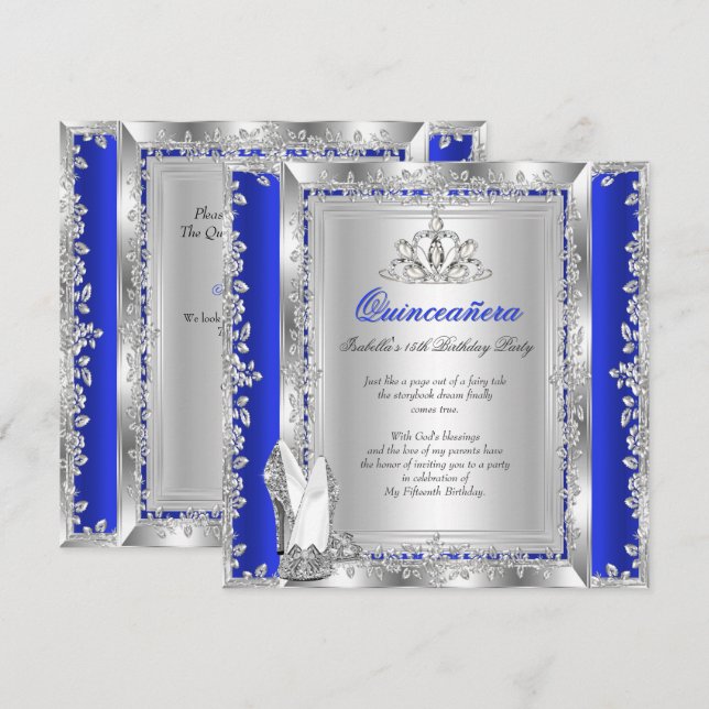Invitation Chaussures argentées bleu royal pour les 15 ans de (Devant / Derrière)