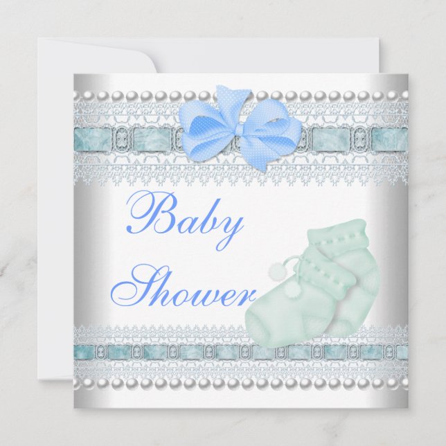 Invitation Chaussures bébé bleu bébé Shower dentelle de perle (Devant)