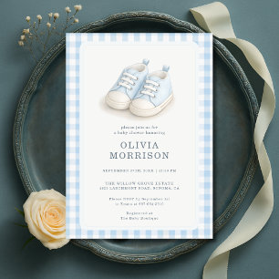 Invitation Chaussures Bébé Bleu Garçon Baby Shower Gingham