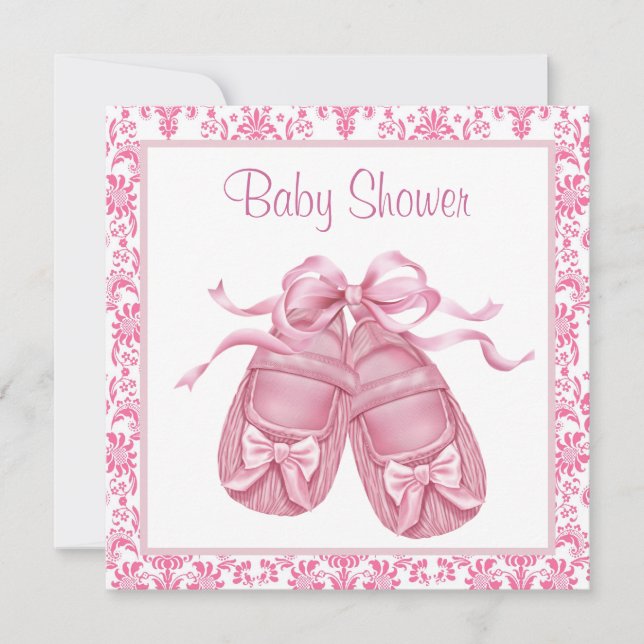 Invitation Chaussures bébé fille en satin damassé rose (Devant)
