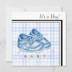 Invitation Chaussures Bébé Gingham Bleu Fête de Naissance Gar