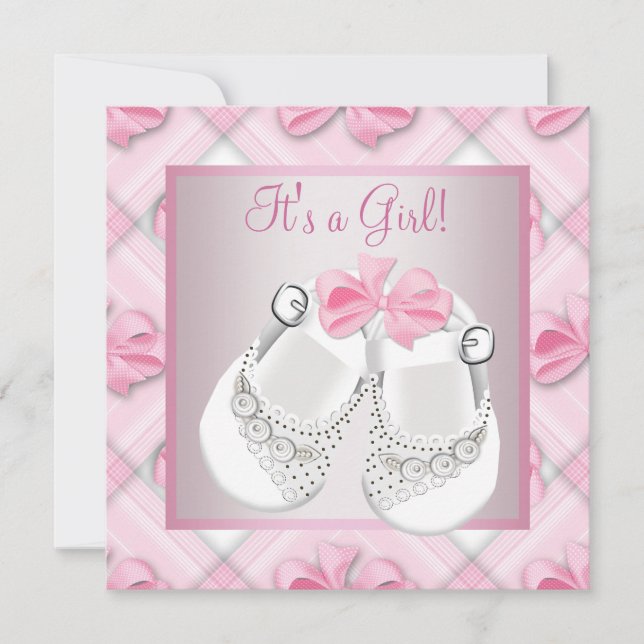 Invitation Chaussures bébé rose blanc Cadeau bébé fille rose  (Devant)