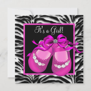 Invitation Chaussures bébé rose chaud Zèbre Baby Shower Fille