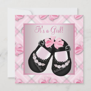 Invitation Chaussures bébé rose et noir pour Baby Shower Fill