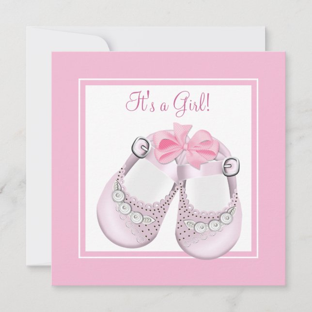 Invitation Chaussures Bébé Rose Fille Baby Shower Rose (Devant)