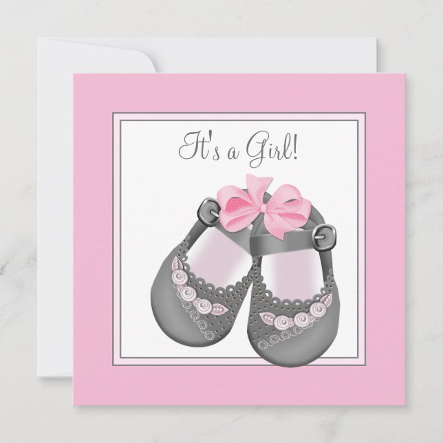 Invitation Chaussures bébé rose gris Fête bébé fille rose gri (Devant)