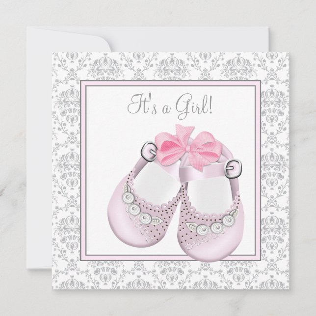 Invitation Chaussures bébé rose gris Fête bébé fille rose gri (Devant)