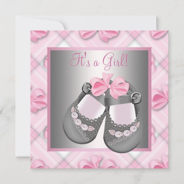 Invitation Chaussures bébé rose gris Fête bébé fille rose gri (Devant)