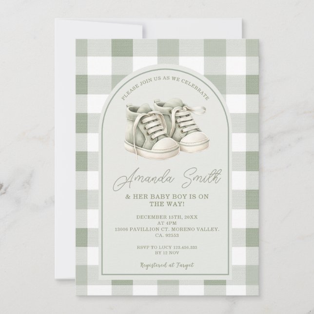 Invitation Chaussures bébé vert sauge Gingham Shower bébé gar (Devant)
