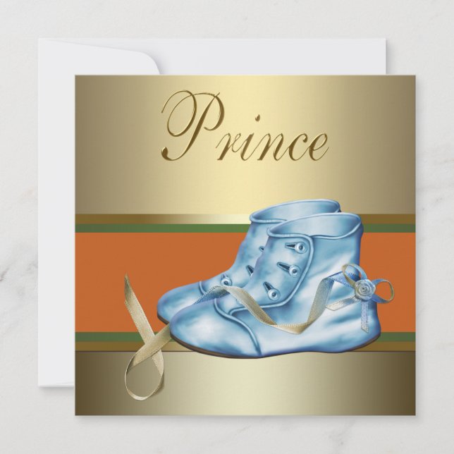 Invitation Chaussures Bleues Baby shower Prince Couronne Or (Devant)