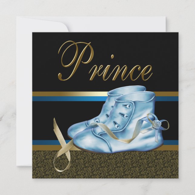 Invitation Chaussures bleues Fête bébé Prince noir et or (Devant)