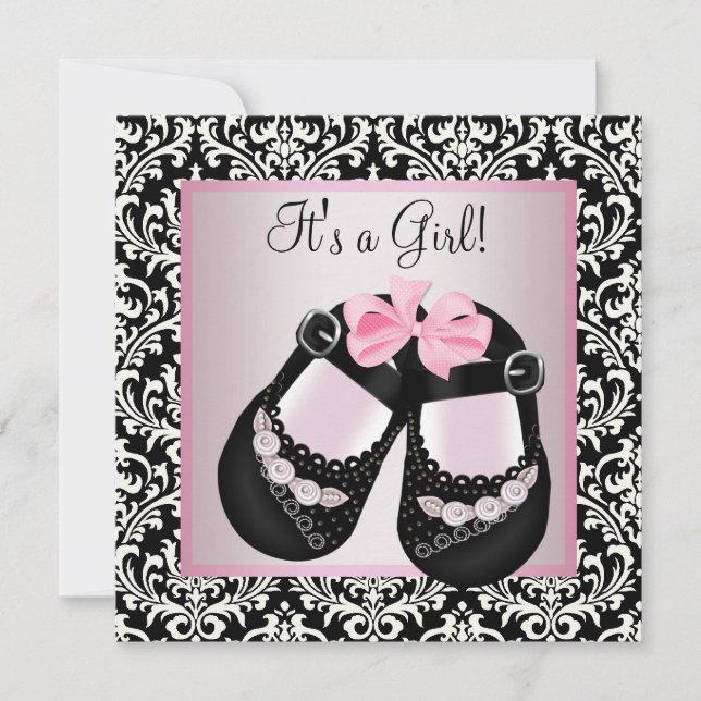 Invitation Chaussures Damas Rose Noir Bébé Fille Douche (Devant)