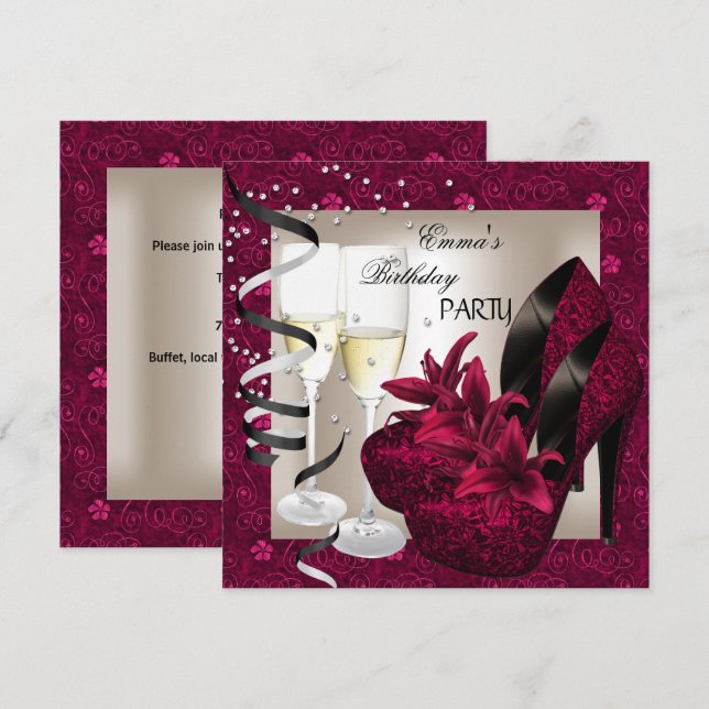 Invitation Chaussures Damassé Rose Rouge Crème 2 pour Fête d' (Devant / Derrière)