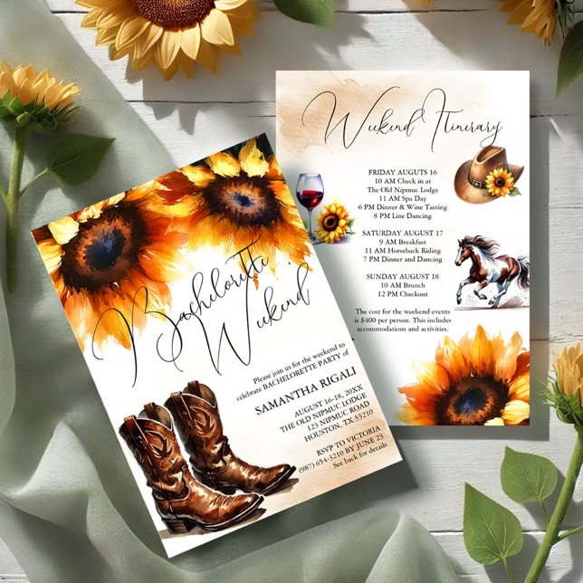 Invitation Chaussures de Bachelorette du Sunflower Jaune Week (Bachelorette weekend itinerary invitations country sunflowers, cowboy boots, hat, horse and wine art)
