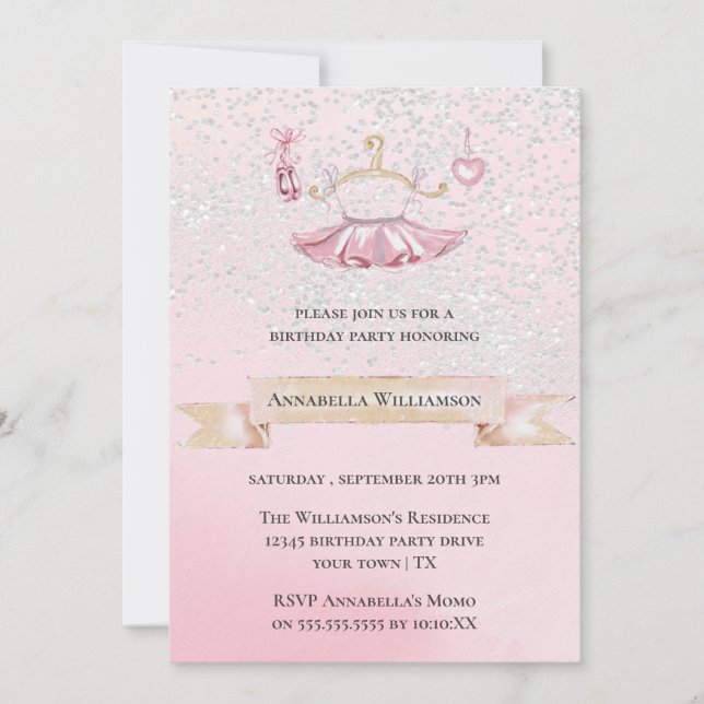 Invitation Chaussures de ballet à paillettes roses et tenue d (Devant)