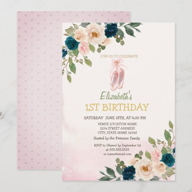 Invitation Chaussures de ballet Fleurs Anniversaire  (Devant / Derrière)
