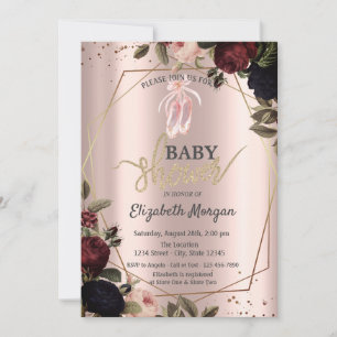 Invitation Chaussures de ballet Fleurs Sombres Rose Doré Baby