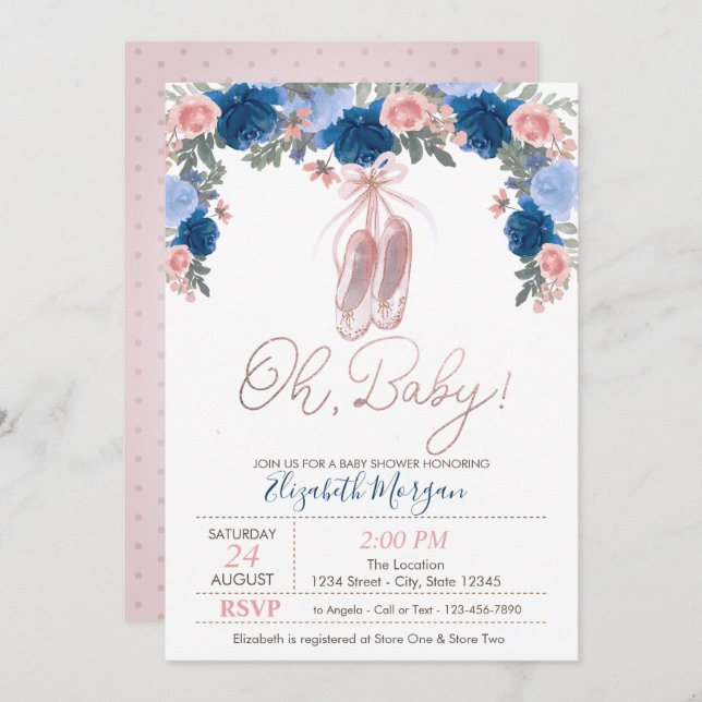 Invitation Chaussures de ballet points Baby shower floral (Devant / Derrière)