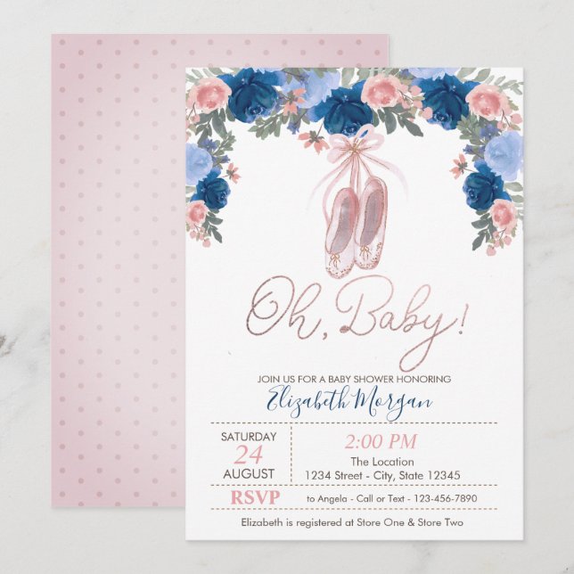 Invitation Chaussures de Ballet Points Floraux  Baby Shower  (Devant / Derrière)