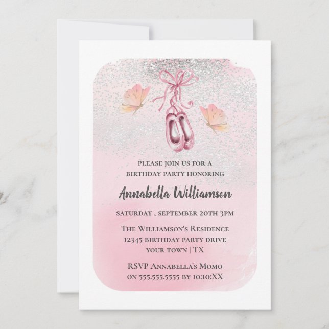 Invitation Chaussures de Ballet Rose et papillon fête d'anniv (Devant)