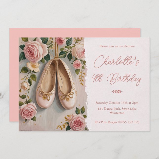 Invitation Chaussures de Ballet Rose & Rose Anniversaire (Devant / Derrière)