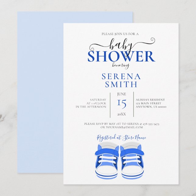 Invitation Chaussures de bébé bleues MIGNONNES pour BABY SHOW (Devant / Derrière)