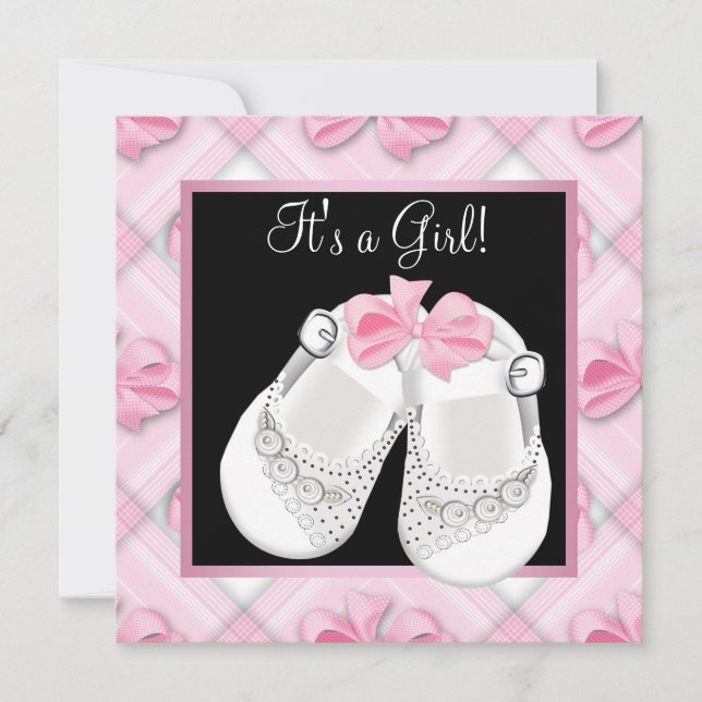 Invitation Chaussures de bébé roses et blanches Fête de naiss (Devant)