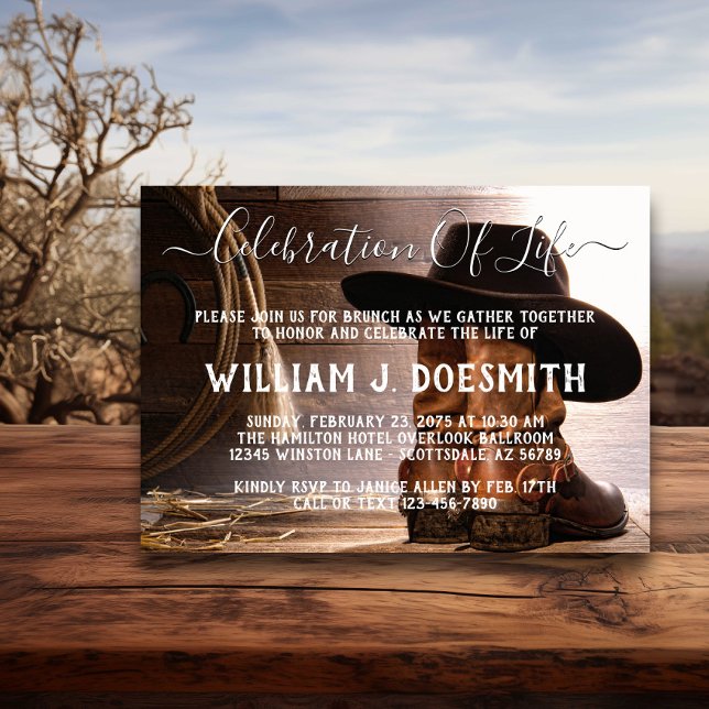 Invitation Chaussures de cow-boy Chapeau Funérailles Mémorial (Cowboy hat and boots memorial and funeral announcement. Simply add your event details.)