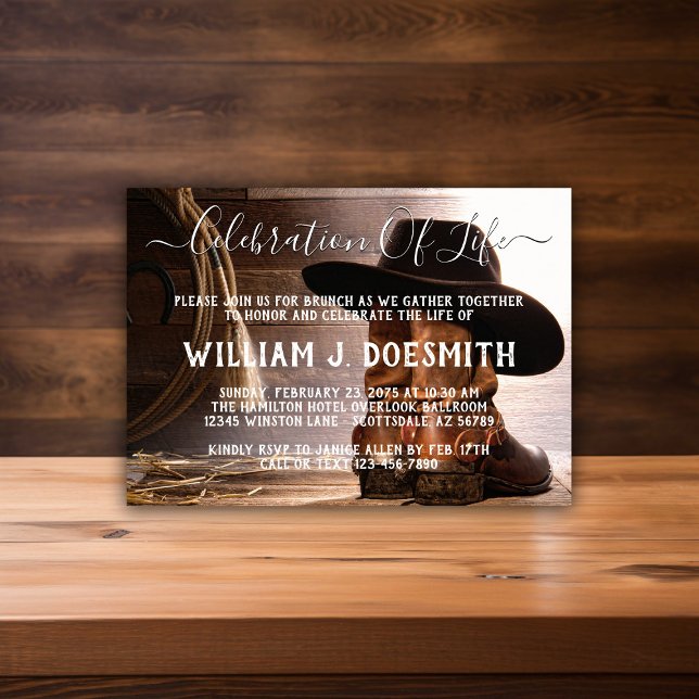 Invitation Chaussures de cow-boy Chapeau Funérailles Service  (Cowboy memorial service and funeral announcement. Simply add your event details.)