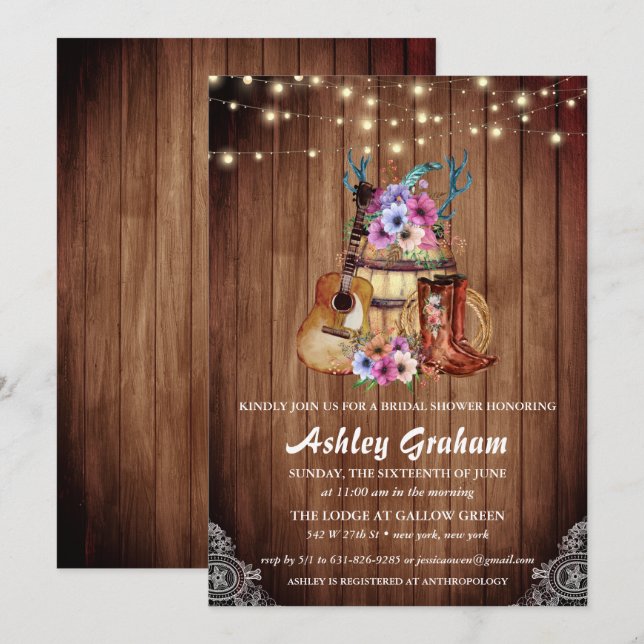 Invitation Chaussures de cowboy chic douche de mariage wester (Devant / Derrière)