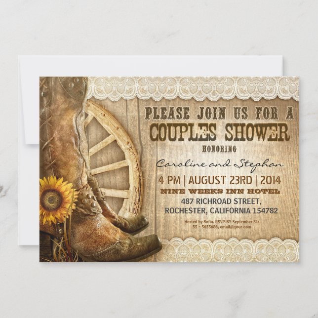 Invitation chaussures de cowboy tournesol bois couples douche (Devant)