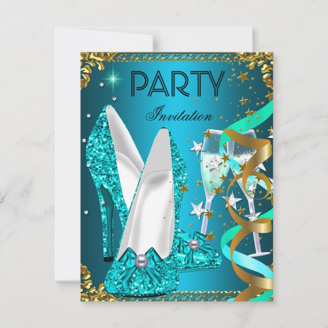 Invitation Chaussures dorées bleues pour fête d'anniversaire (Devant)