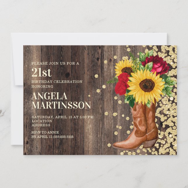 Invitation Chaussures en bois rustique pour 21 ans Fleur de t (Devant)