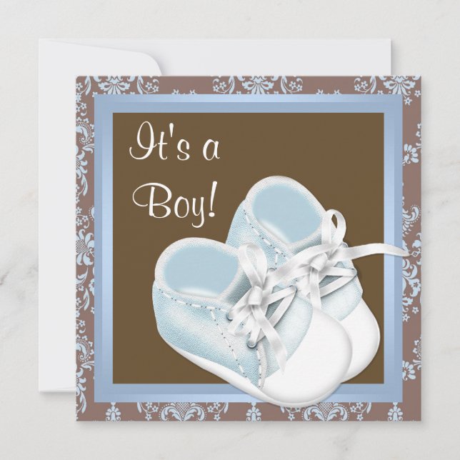 Invitation Chaussures en Damas Bleu Marron Bébé Garçon Shower (Devant)