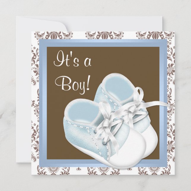 Invitation Chaussures en Damas Bleu Marron Bébé Garçon Shower (Devant)