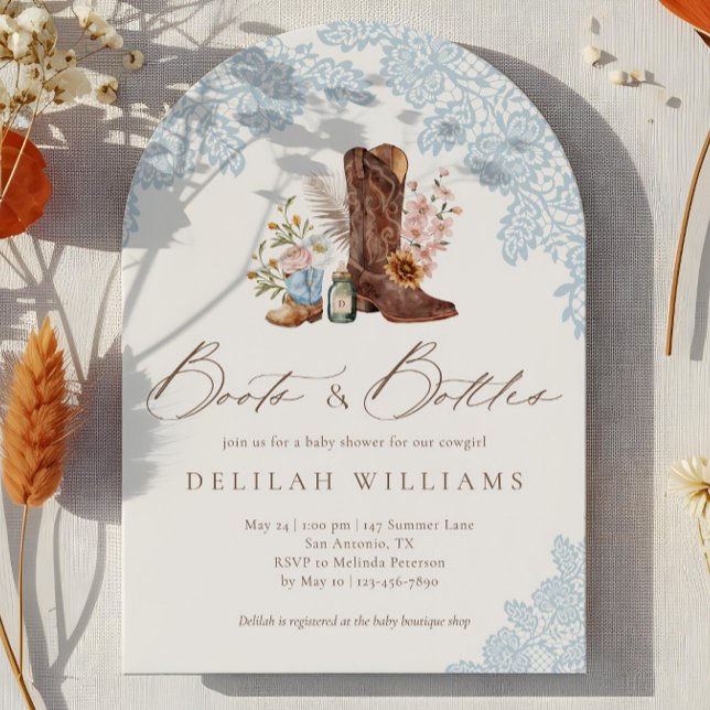 Invitation Chaussures et bouteilles Fête prénatale Western Bl (Boots & Bottles Blue Cowboy Western Baby Shower Invitation)